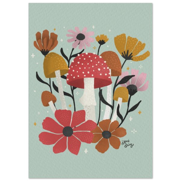 Colorful mushroom illustration with flowers on premium semi-gloss paper
