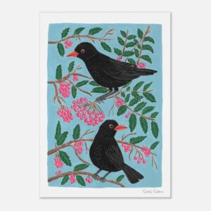 Blackbirds and fruit branches