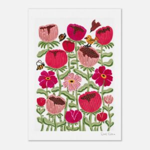 Bold flowers among butterfly birds and bees